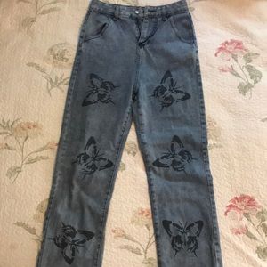 Black butterfly print jeans light wash medium